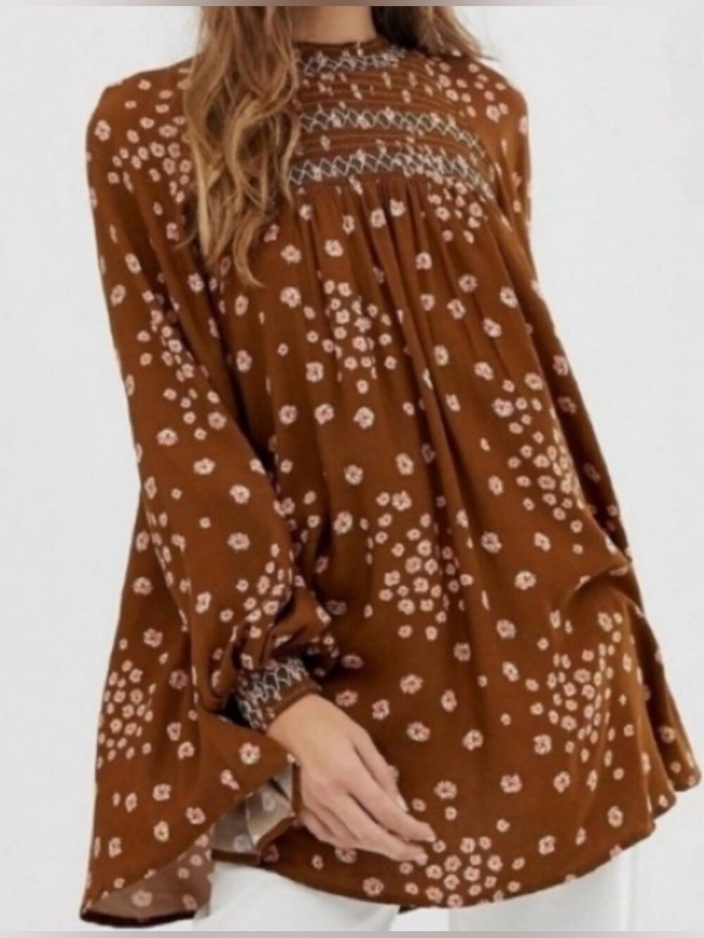 Free People Brown Floral Long Sleeve Tunic Blouse - Size XS